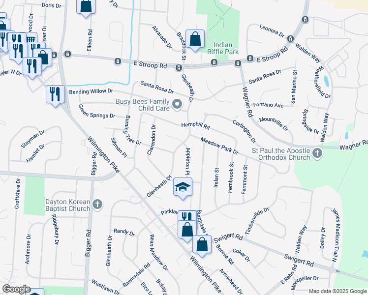 map of restaurants, bars, coffee shops, grocery stores, and more near 4351 Appleton Place in Dayton
