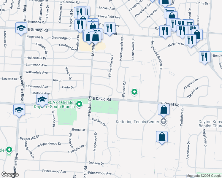 map of restaurants, bars, coffee shops, grocery stores, and more near 4367 Flowerdale Avenue in Dayton