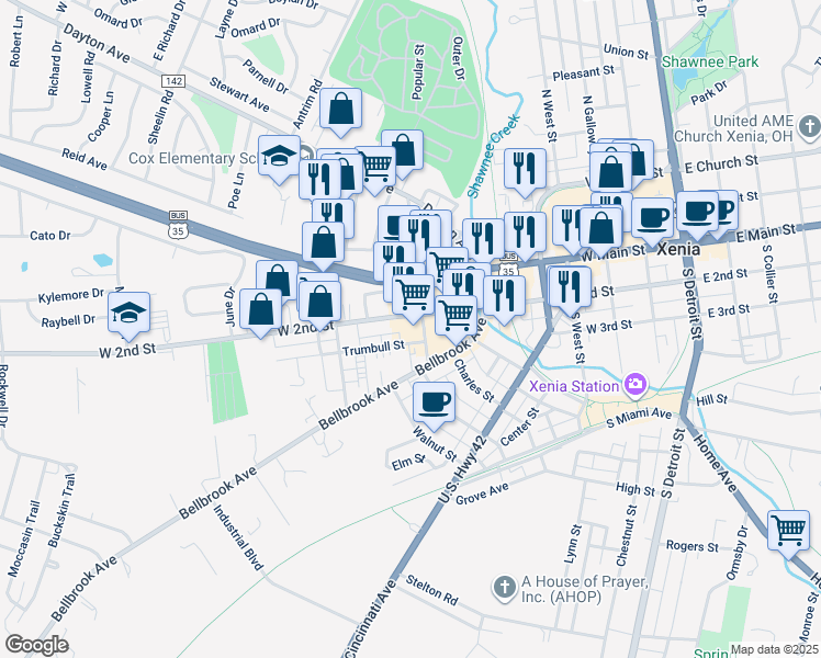 map of restaurants, bars, coffee shops, grocery stores, and more near 617 West 2nd Street in Xenia