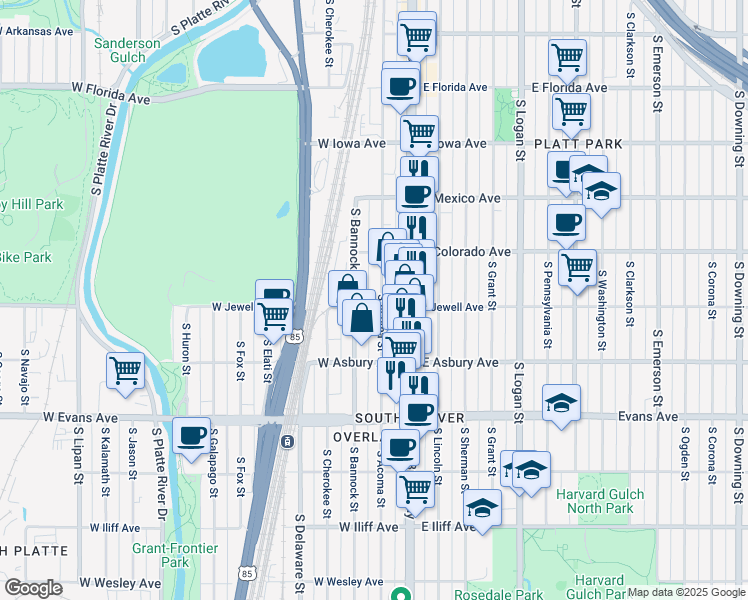 map of restaurants, bars, coffee shops, grocery stores, and more near in Denver