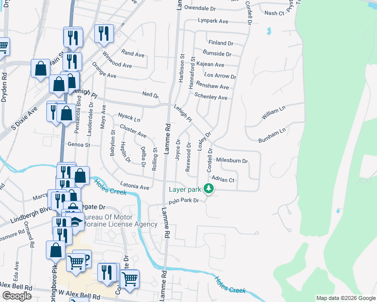 map of restaurants, bars, coffee shops, grocery stores, and more near Rexwood Drive in Dayton