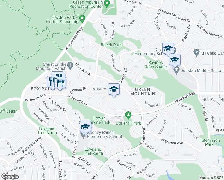 map of restaurants, bars, coffee shops, grocery stores, and more near 1879 South Alkire Court in Lakewood