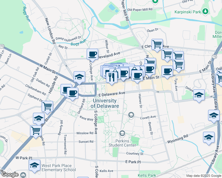 map of restaurants, bars, coffee shops, grocery stores, and more near 54 East Delaware Avenue in Newark