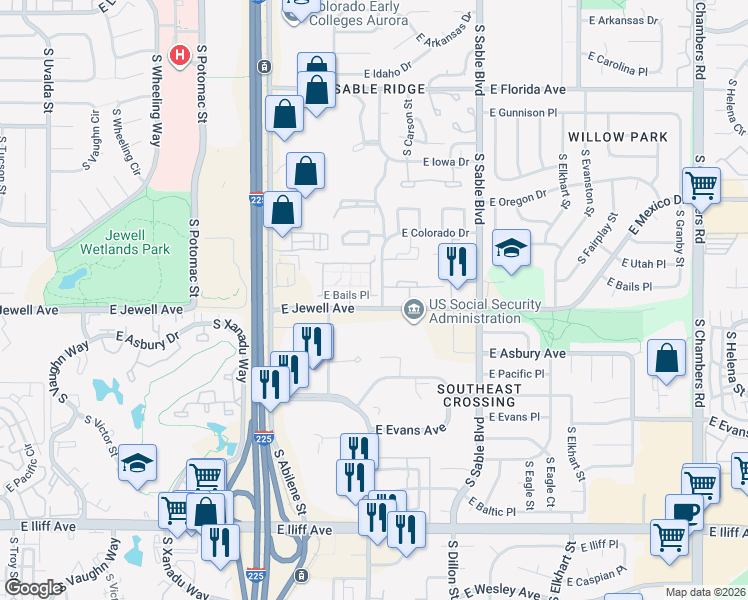 map of restaurants, bars, coffee shops, grocery stores, and more near 14017 East Jewell Avenue in Aurora