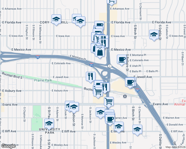 map of restaurants, bars, coffee shops, grocery stores, and more near 1871 South Jackson Street in Denver