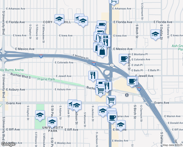map of restaurants, bars, coffee shops, grocery stores, and more near 1875 South Garfield Street in Denver
