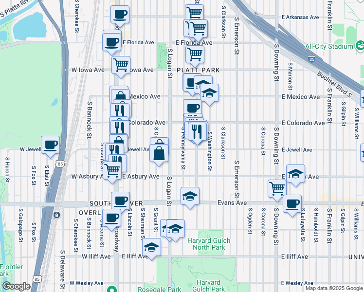 map of restaurants, bars, coffee shops, grocery stores, and more near 1879 South Pennsylvania Street in Denver