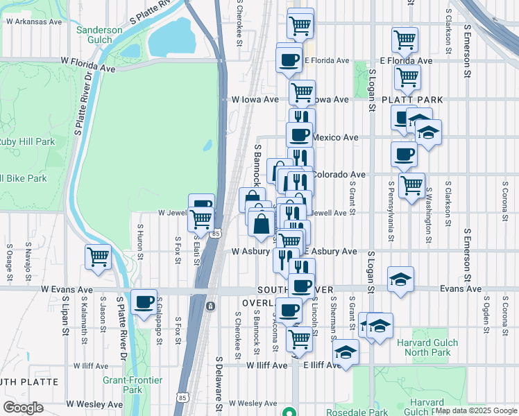 map of restaurants, bars, coffee shops, grocery stores, and more near in Denver