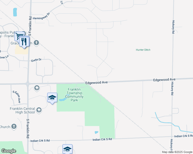 map of restaurants, bars, coffee shops, grocery stores, and more near 9020 East Edgewood Avenue in Indianapolis