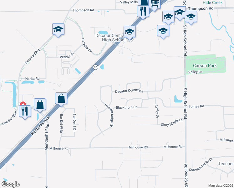 map of restaurants, bars, coffee shops, grocery stores, and more near 6731 Decatur Commons in Indianapolis