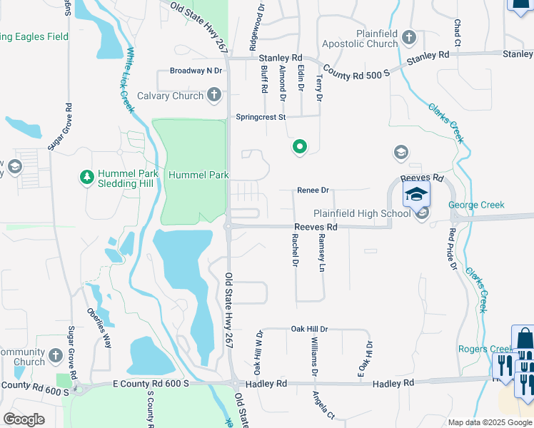 map of restaurants, bars, coffee shops, grocery stores, and more near 1557 Wells Drive in Plainfield