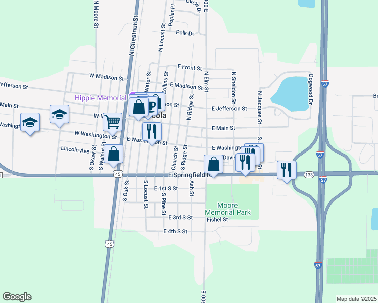 map of restaurants, bars, coffee shops, grocery stores, and more near 404 East Washington Street in Arcola