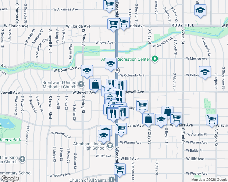 map of restaurants, bars, coffee shops, grocery stores, and more near 1895 Colorado 88 in Denver