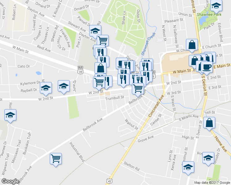 map of restaurants, bars, coffee shops, grocery stores, and more near 701 West 2nd Street in Xenia