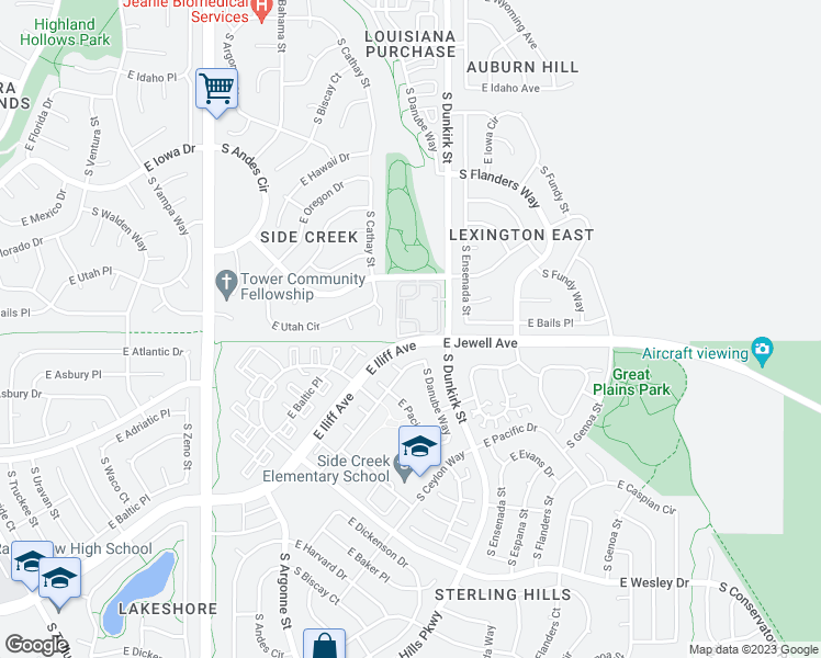 map of restaurants, bars, coffee shops, grocery stores, and more near 1851 South Dunkirk Street in Aurora