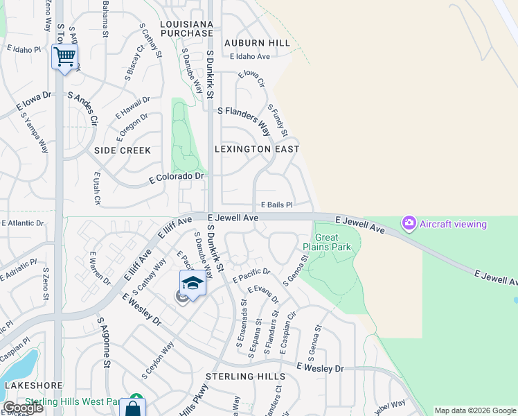 map of restaurants, bars, coffee shops, grocery stores, and more near 19608 East Bails Place in Aurora