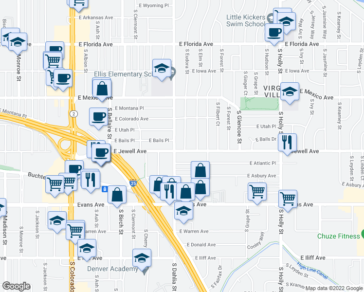 map of restaurants, bars, coffee shops, grocery stores, and more near 1885 South Eudora Street in Denver