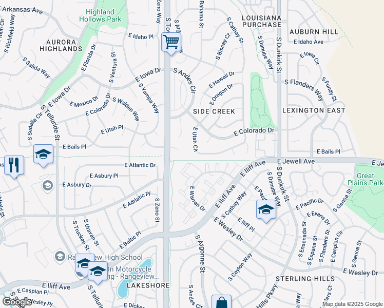 map of restaurants, bars, coffee shops, grocery stores, and more near 18784 E Utah Cir in Aurora