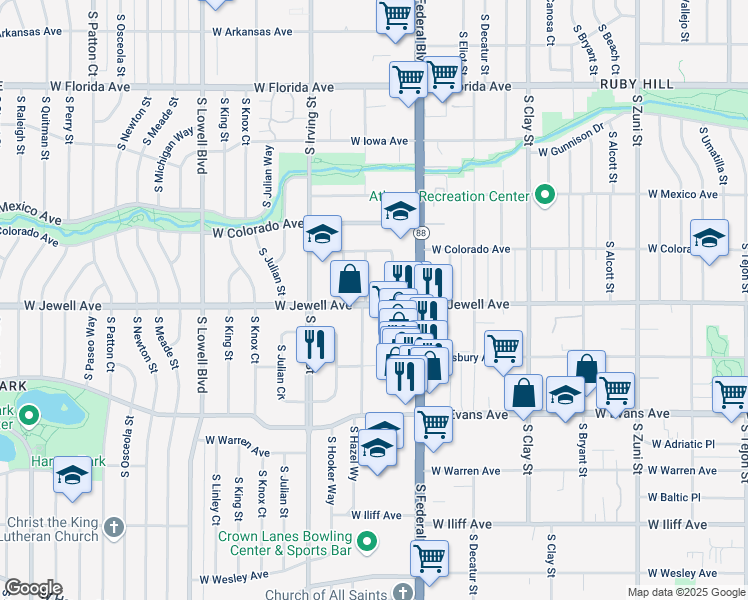 map of restaurants, bars, coffee shops, grocery stores, and more near 1898 South Hazel Court in Denver