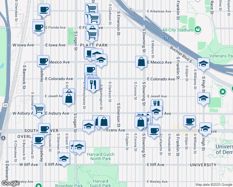 map of restaurants, bars, coffee shops, grocery stores, and more near 1885 South Emerson Street in Denver