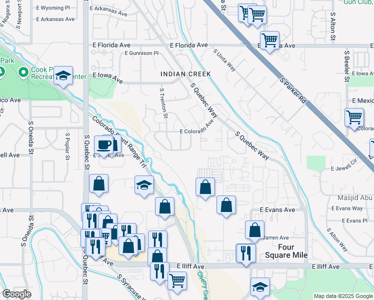 map of restaurants, bars, coffee shops, grocery stores, and more near 8301 East Jewell Avenue in Denver