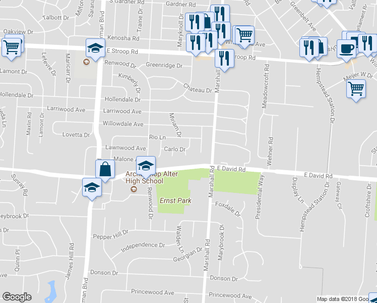 map of restaurants, bars, coffee shops, grocery stores, and more near 4400 Vera Place in Dayton