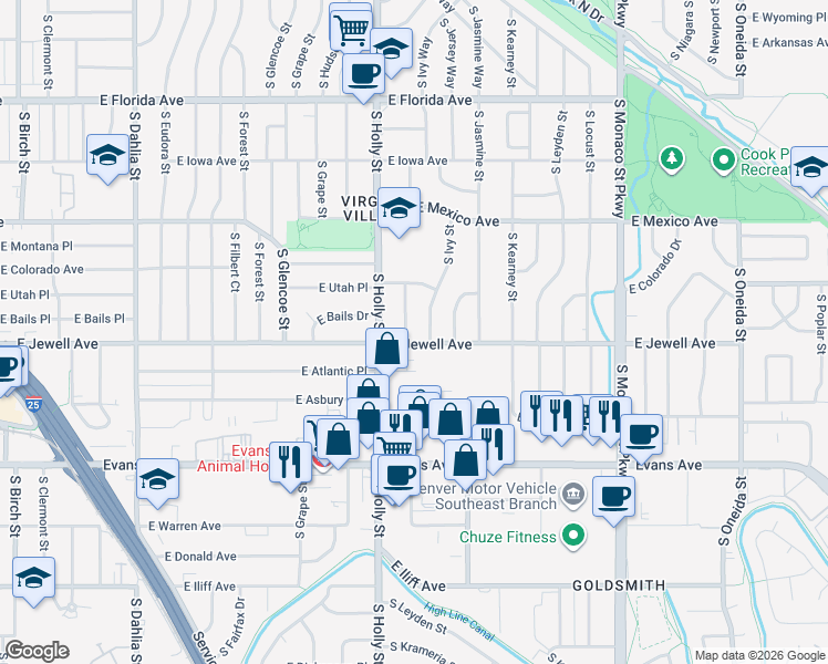 map of restaurants, bars, coffee shops, grocery stores, and more near 1873 South Ivy Street in Denver