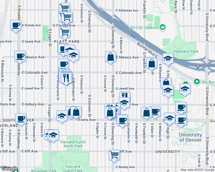 map of restaurants, bars, coffee shops, grocery stores, and more near 1884 South Corona Street in Denver