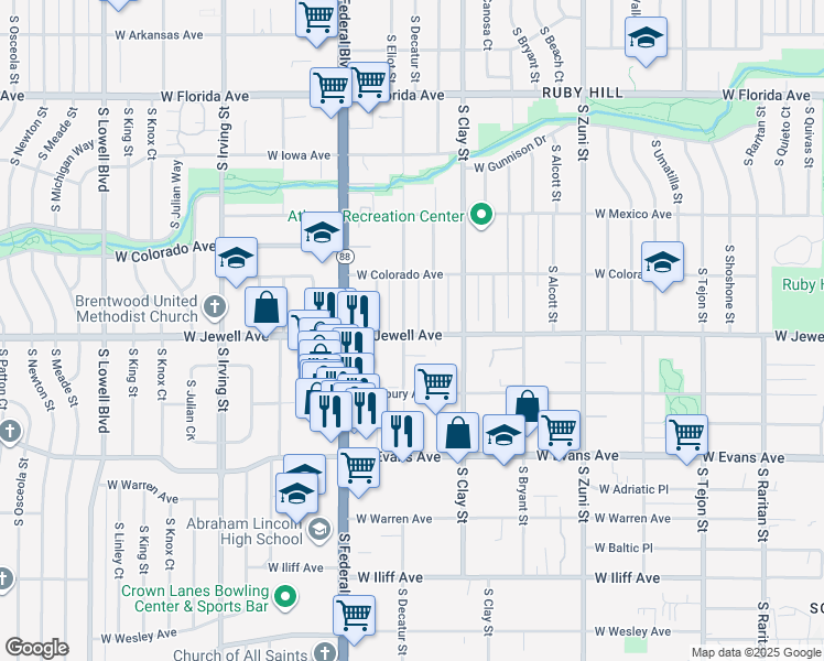 map of restaurants, bars, coffee shops, grocery stores, and more near 1896 South Decatur Street in Denver