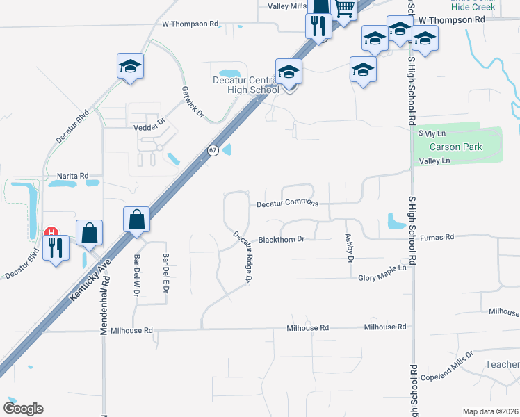map of restaurants, bars, coffee shops, grocery stores, and more near 6731 Decatur Commons in Indianapolis