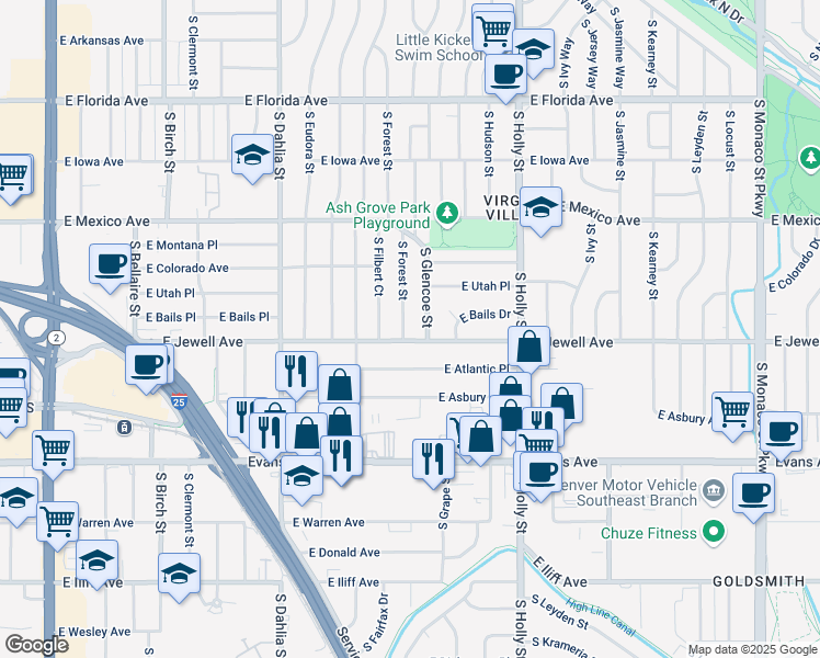 map of restaurants, bars, coffee shops, grocery stores, and more near 1892 South Forest Street in Denver