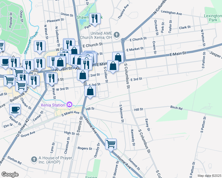 map of restaurants, bars, coffee shops, grocery stores, and more near 217 South Collier Street in Xenia