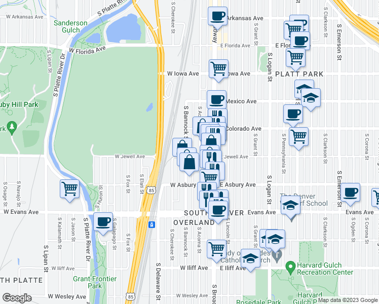 map of restaurants, bars, coffee shops, grocery stores, and more near 1896 South Bannock Street in Denver