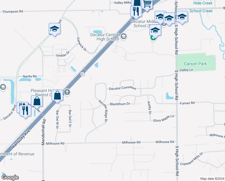 map of restaurants, bars, coffee shops, grocery stores, and more near 6731 Decatur Commons in Indianapolis