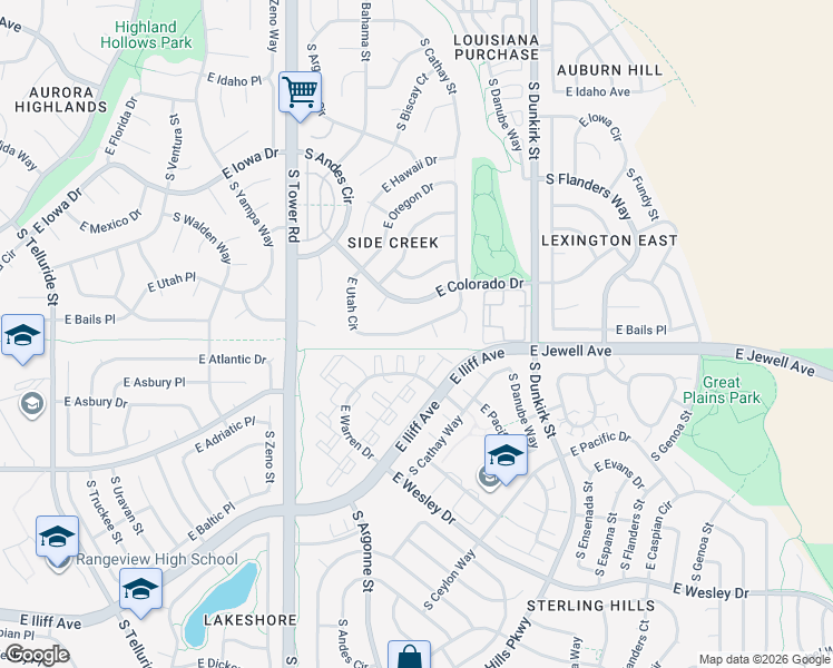 map of restaurants, bars, coffee shops, grocery stores, and more near 18890 East Utah Circle in Aurora