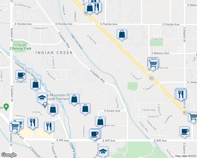map of restaurants, bars, coffee shops, grocery stores, and more near 8301 East Jewell Avenue in Denver