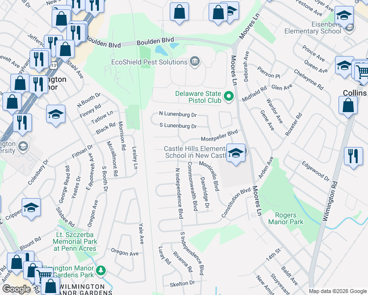 map of restaurants, bars, coffee shops, grocery stores, and more near 41 Montpelier Boulevard in New Castle