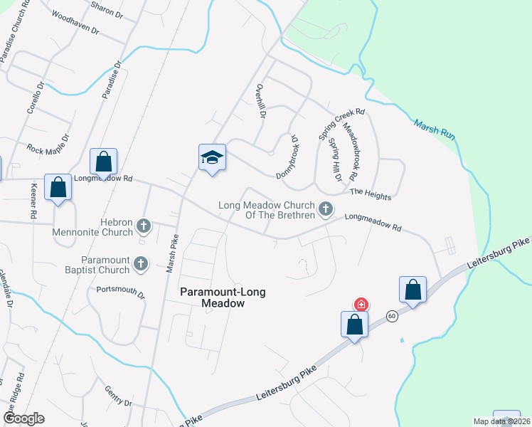 map of restaurants, bars, coffee shops, grocery stores, and more near 19510 Windsor Circle in Hagerstown