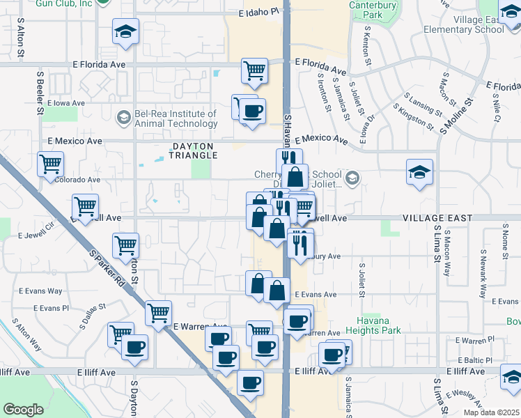 map of restaurants, bars, coffee shops, grocery stores, and more near 10351b East Jewell Avenue in Denver