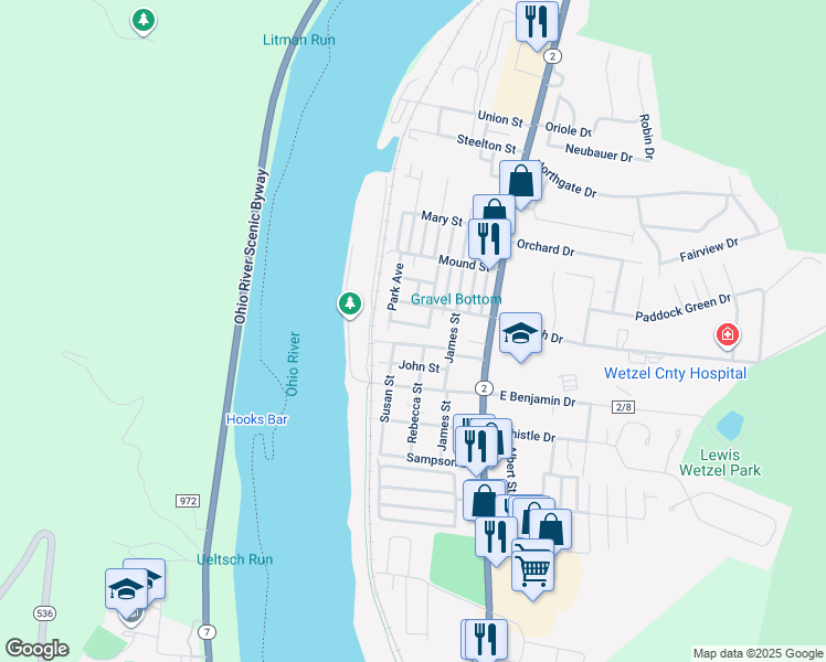 map of restaurants, bars, coffee shops, grocery stores, and more near 74 Cindy Drive in New Martinsville