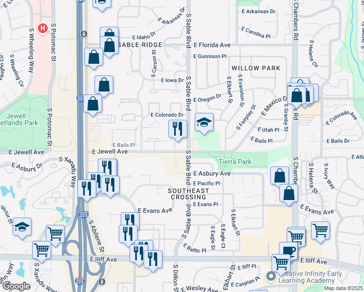 map of restaurants, bars, coffee shops, grocery stores, and more near 14493 South Sable Boulevard in Aurora