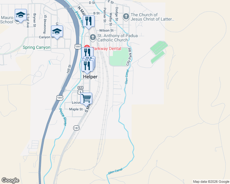 map of restaurants, bars, coffee shops, grocery stores, and more near 449 2nd East Street in Helper