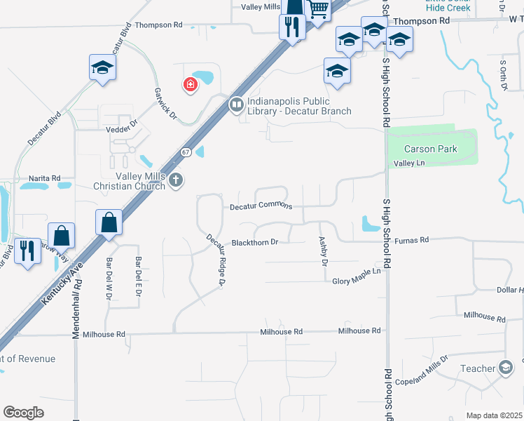 map of restaurants, bars, coffee shops, grocery stores, and more near 6657 Decatur Commons in Indianapolis