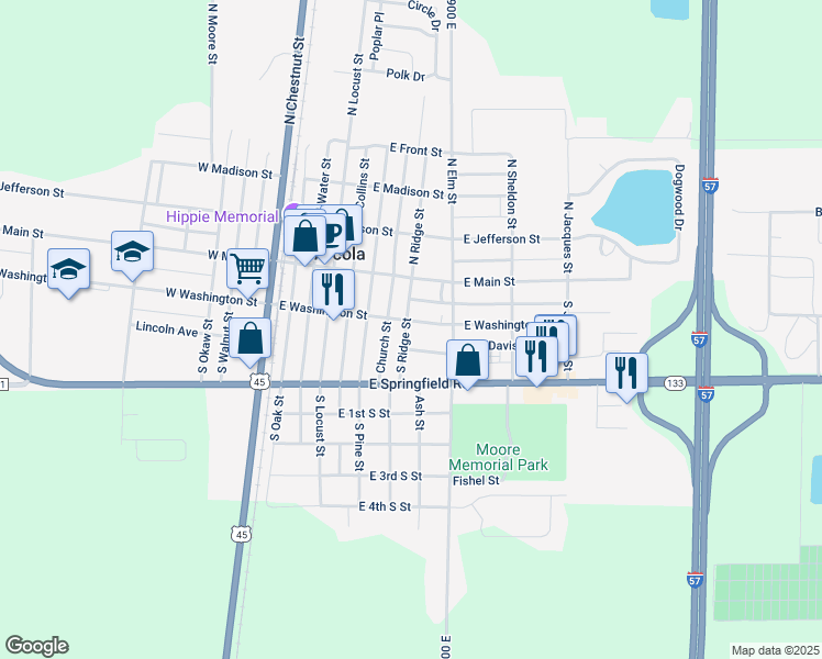 map of restaurants, bars, coffee shops, grocery stores, and more near 404 East Washington Street in Arcola