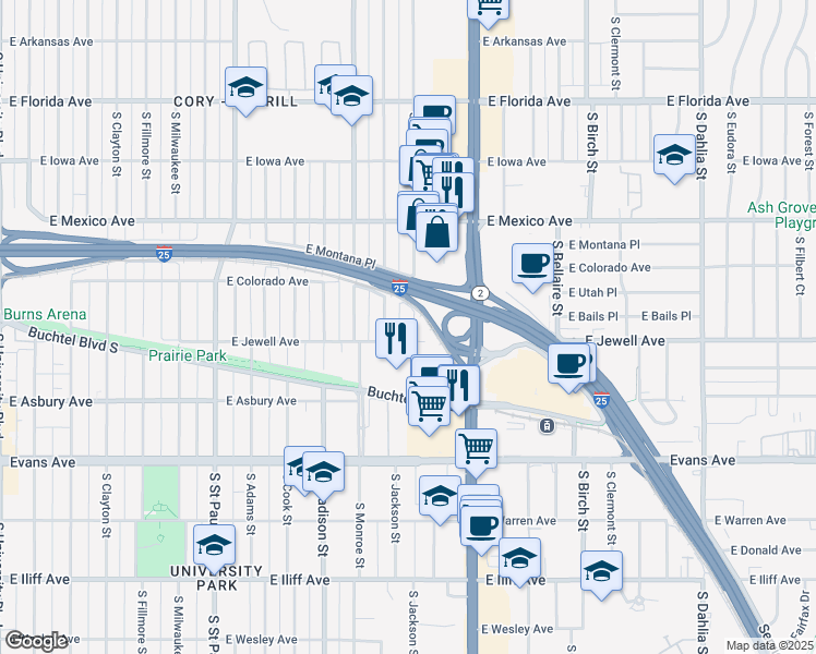 map of restaurants, bars, coffee shops, grocery stores, and more near 1871 South Jackson Street in Denver
