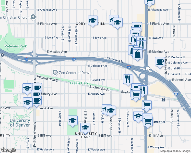 map of restaurants, bars, coffee shops, grocery stores, and more near 1875 South Adams Street in Denver