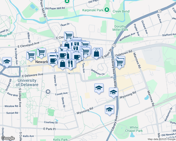 map of restaurants, bars, coffee shops, grocery stores, and more near 305 Delaware Circle in Newark