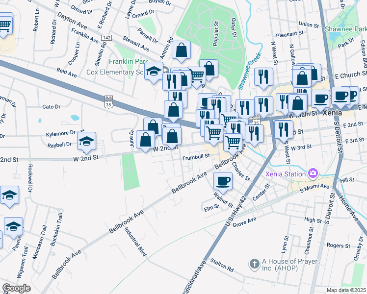 map of restaurants, bars, coffee shops, grocery stores, and more near 757 West 2nd Street in Xenia