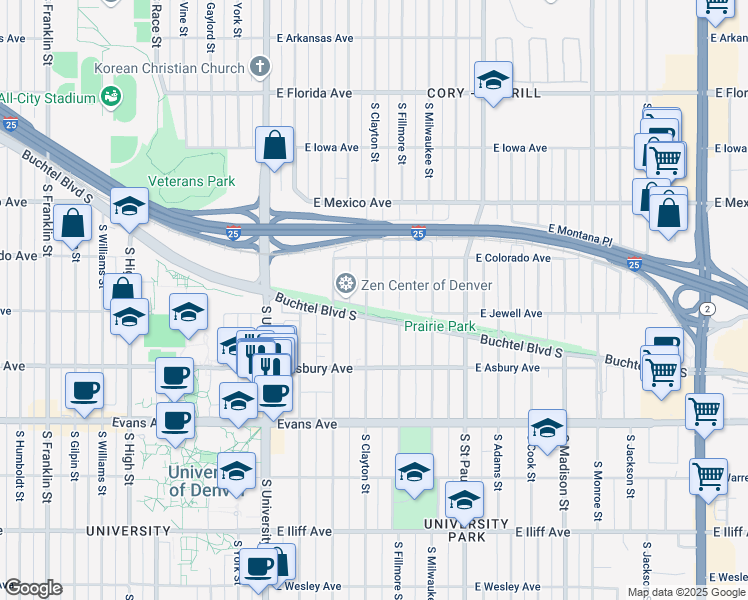 map of restaurants, bars, coffee shops, grocery stores, and more near 1874 South Clayton Street in Denver
