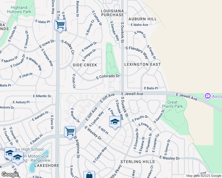 map of restaurants, bars, coffee shops, grocery stores, and more near 1851 South Dunkirk Street in Aurora